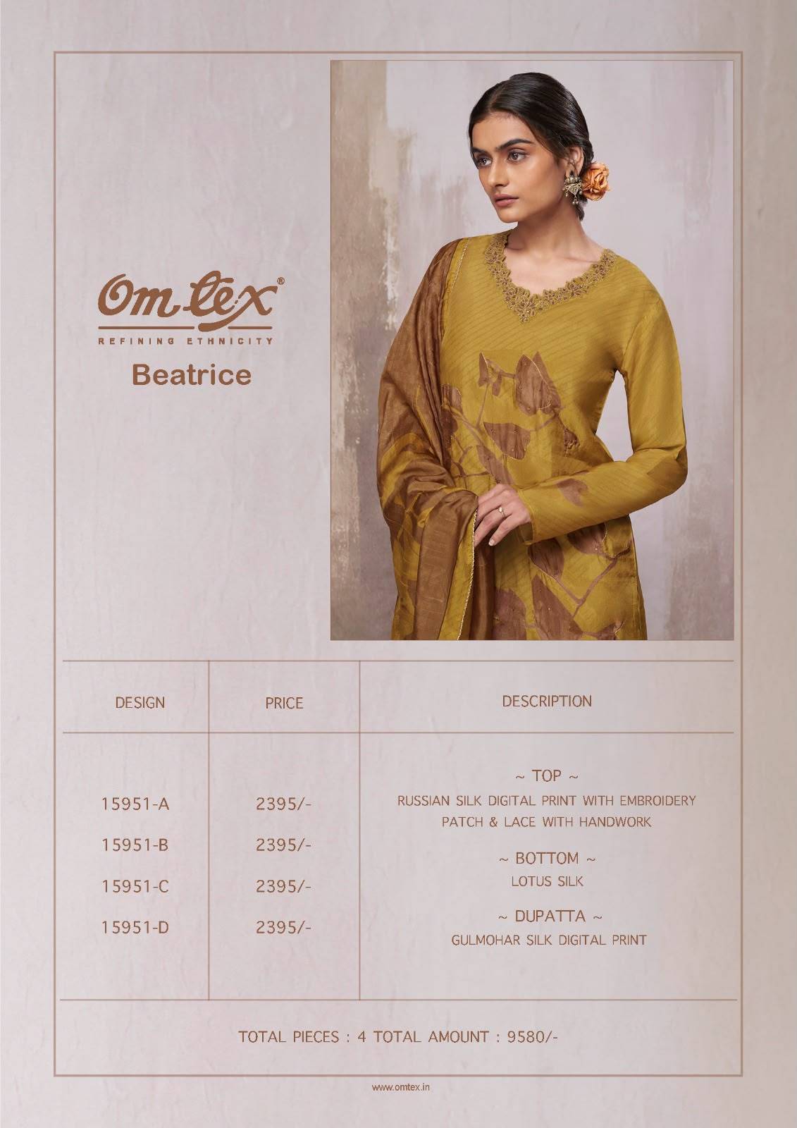 BEATRICE By Om Tex 15951 Series Beautiful Festive Suits Stylish Colorful Fancy Casual Wear & Ethnic Wear RUSSIAN SILK Dresses At Wholesale Price